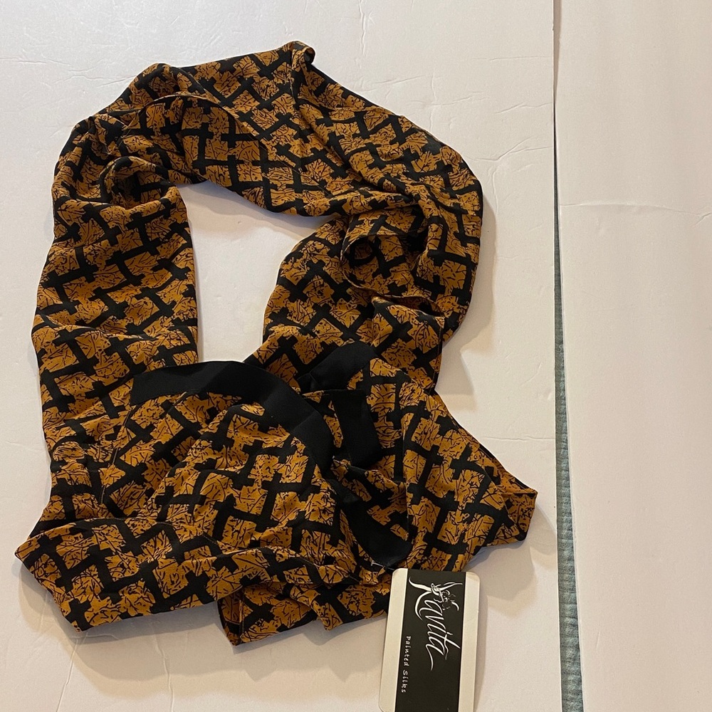 Kavita Black and Rich Golden Brown Hand Dyed & Screened 100% Silk Scarf